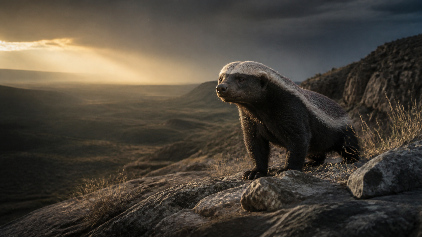 Honey badger standing on a rocky escarpment at dawn